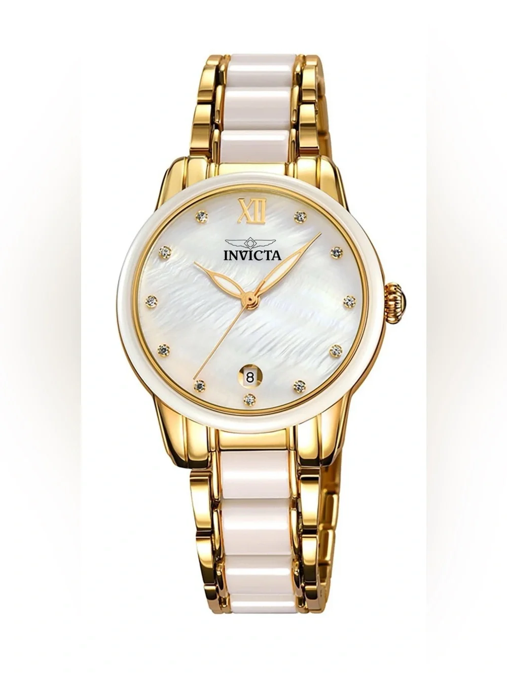 Invicta Celestial Lady 34.7mm Gold Tone Case White+Gold Metal Dial Gold Band